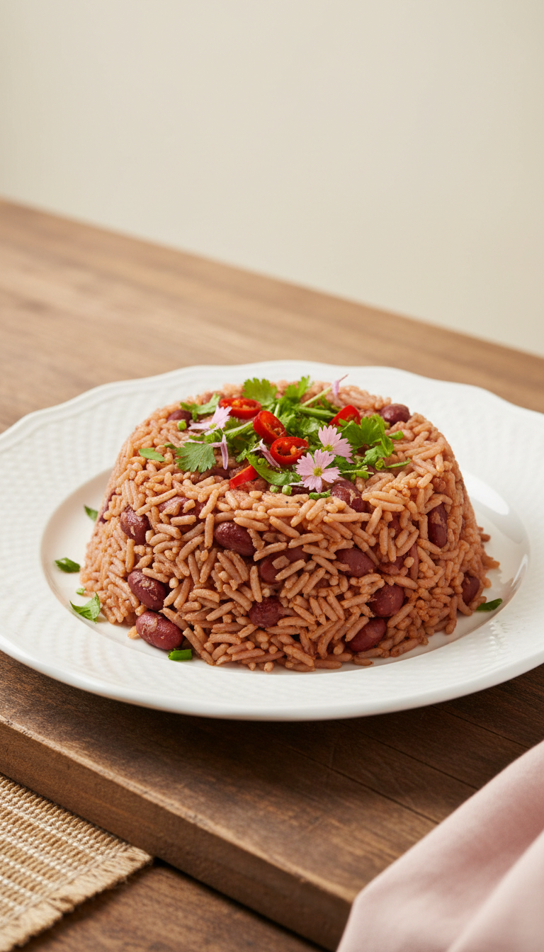 Diri Kole ak Pwa Plated with Herbs